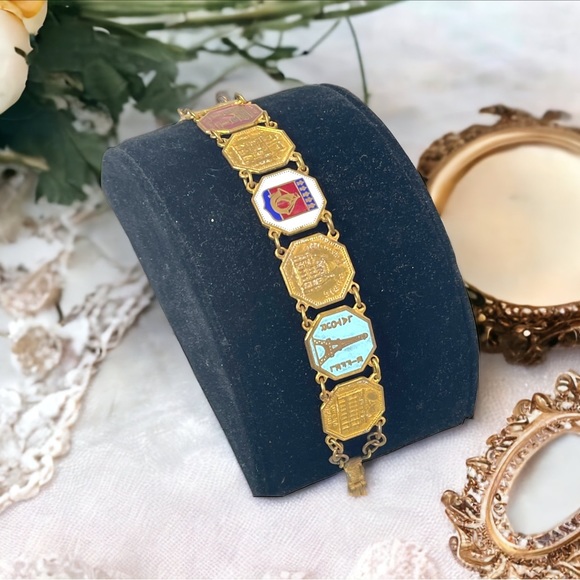 Vintage Brass FRENCH FRANCE PARIS Eiffel tower tourist link bracelet enamel - Picture 2 of 12